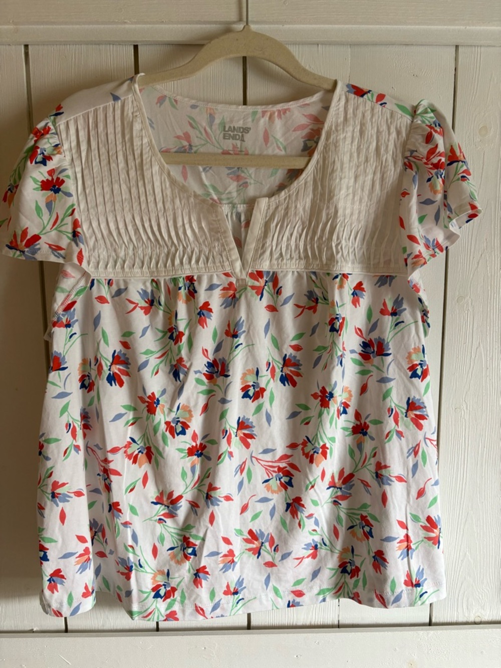 Lands' End Floral Pintuck Tee in White with Pink & Mint Accents
